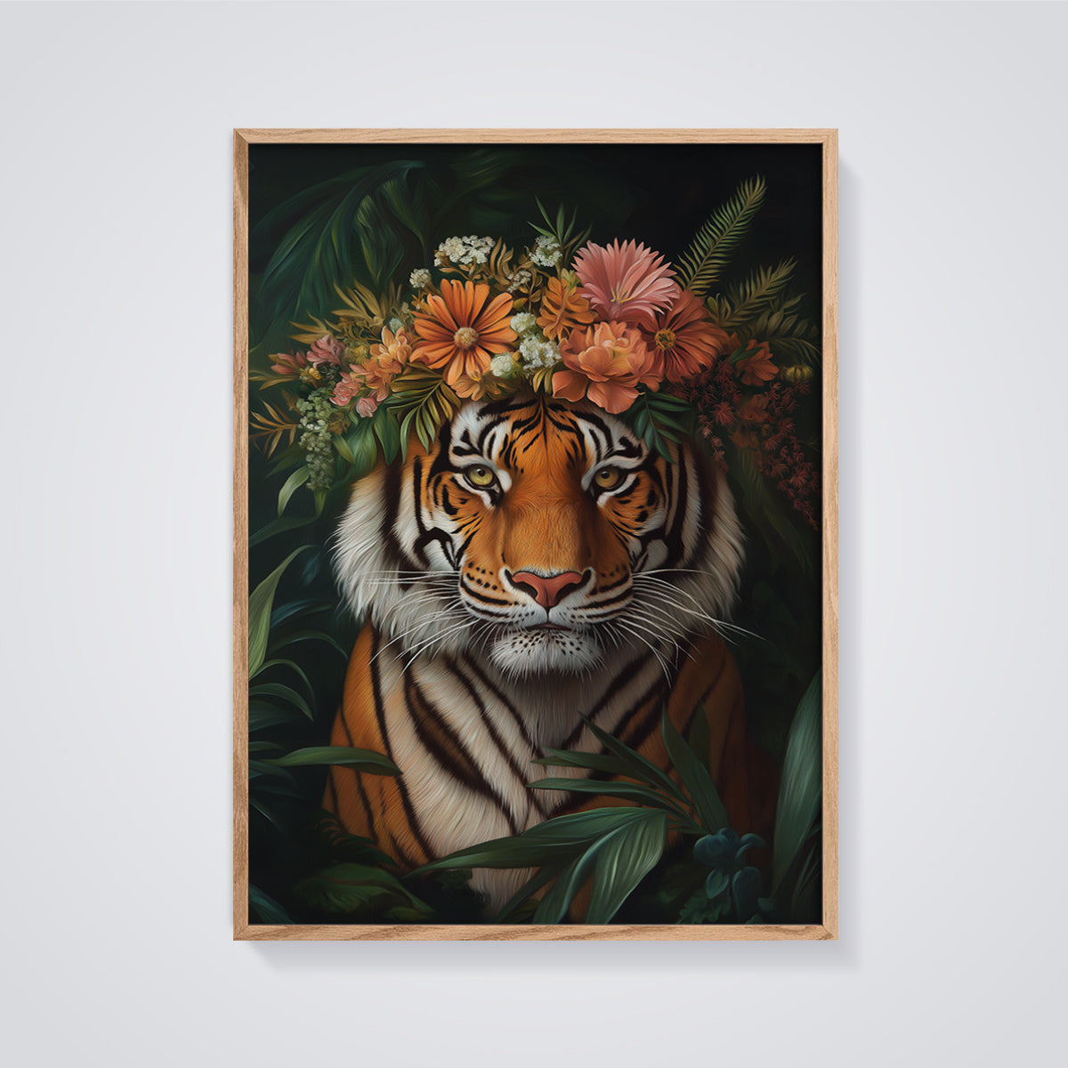 Tiger Floral Crown Jungle Print framed in oak on a grey background