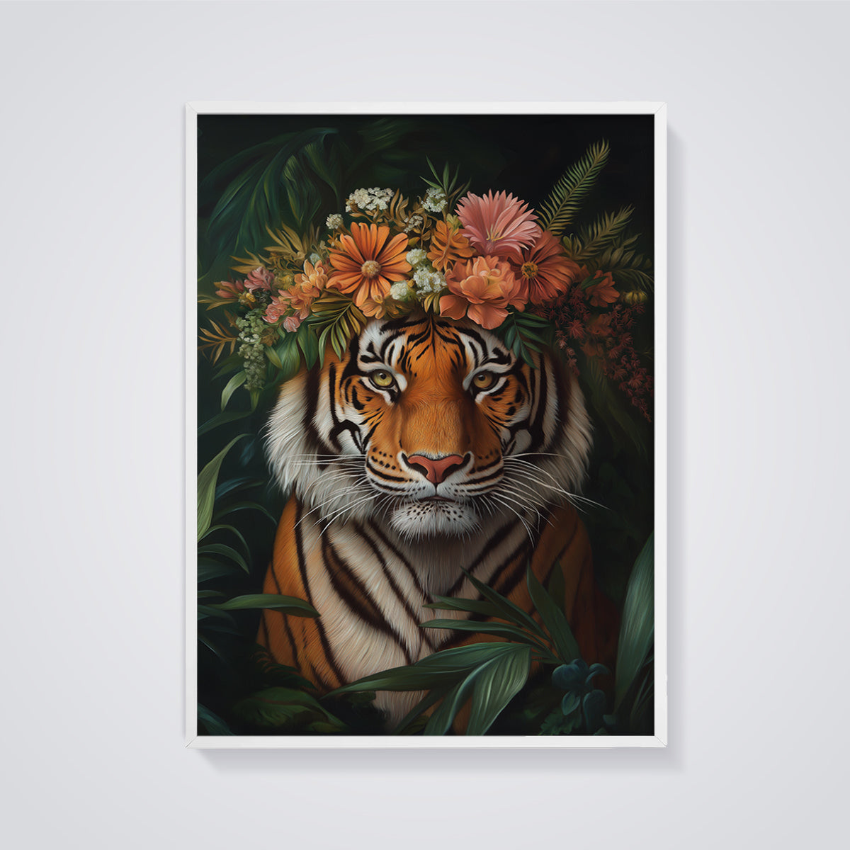Tiger Floral Crown Jungle Print framed in white on a grey background