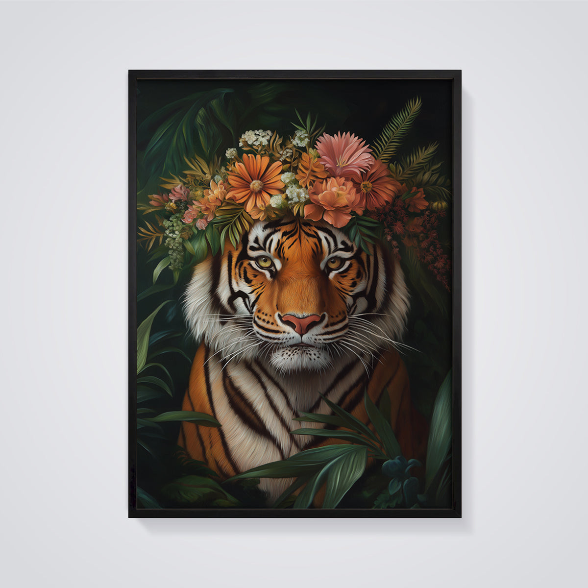 Tiger Floral Crown Jungle Print framed in black on a grey background