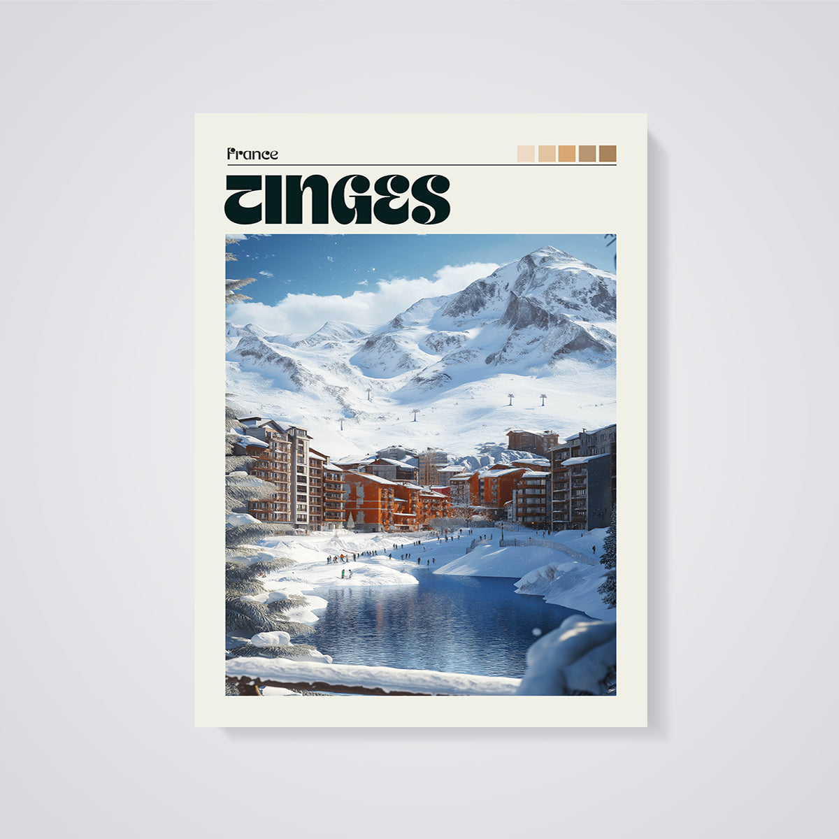 Tignes France Ski Village Print unframed on a grey background