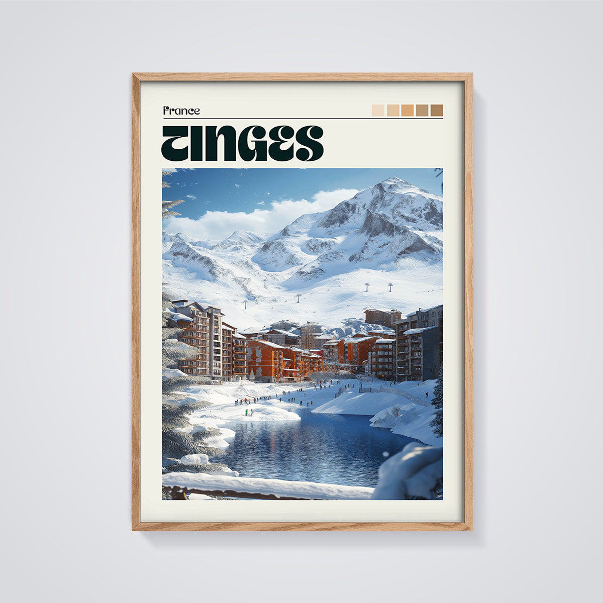 Tignes France Ski Village Print framed in oak on a grey background