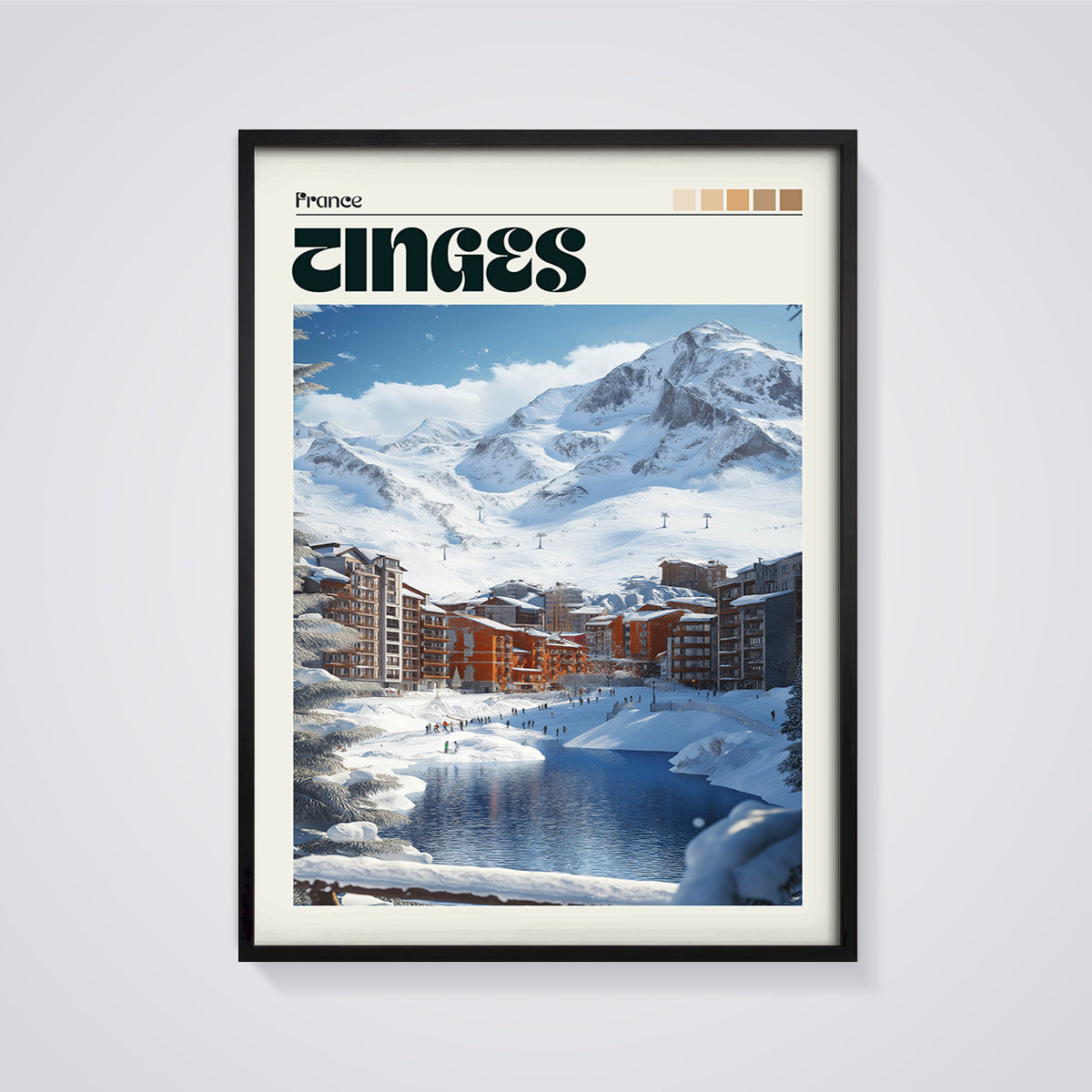 Tignes France Ski Village Print framed in black on a grey background