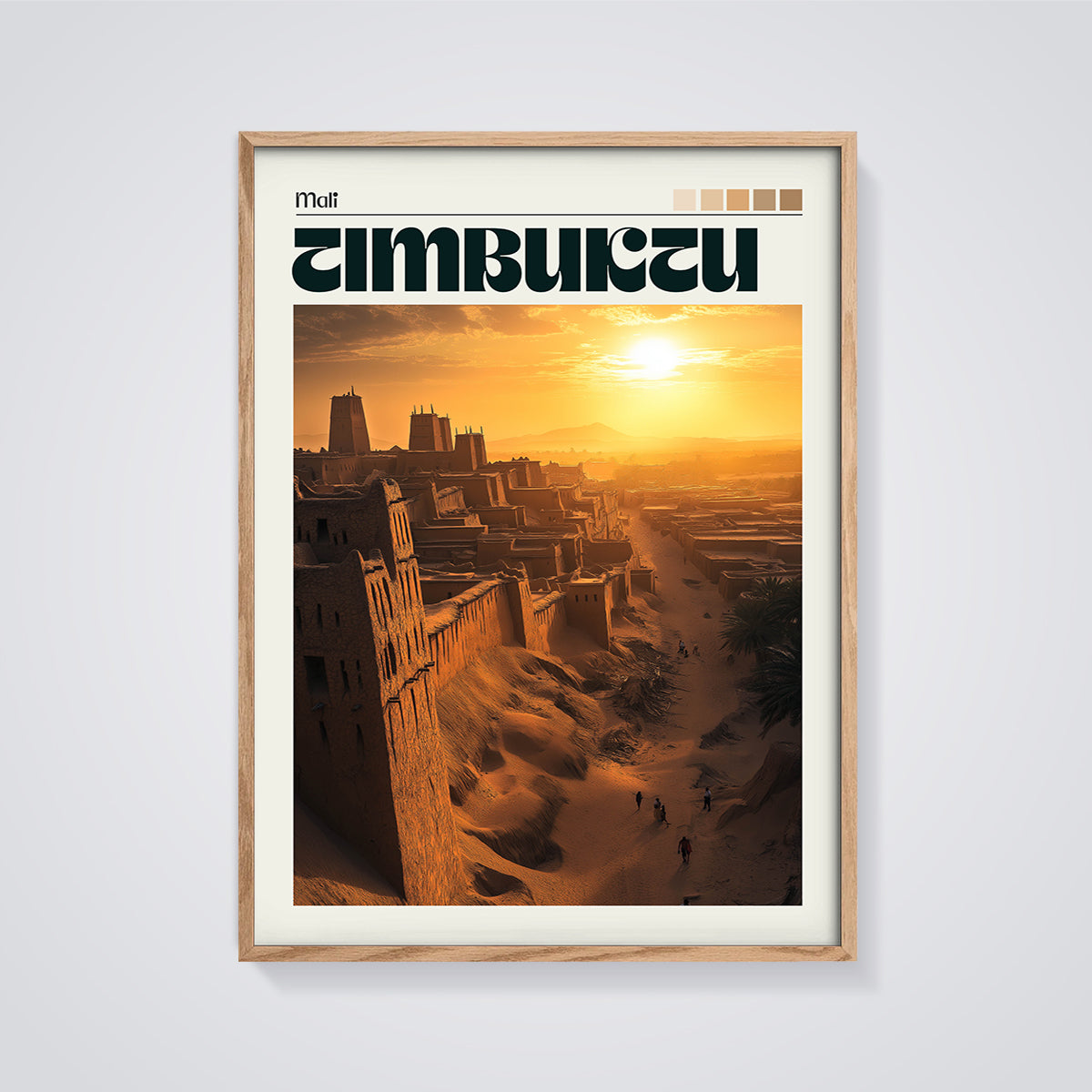 Timbuktu Sunset City Print framed in oak on a grey background