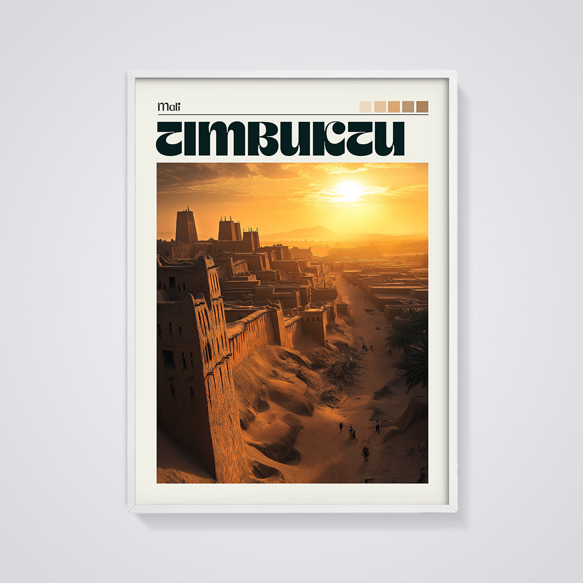 Timbuktu Sunset City Print framed in white on a grey background