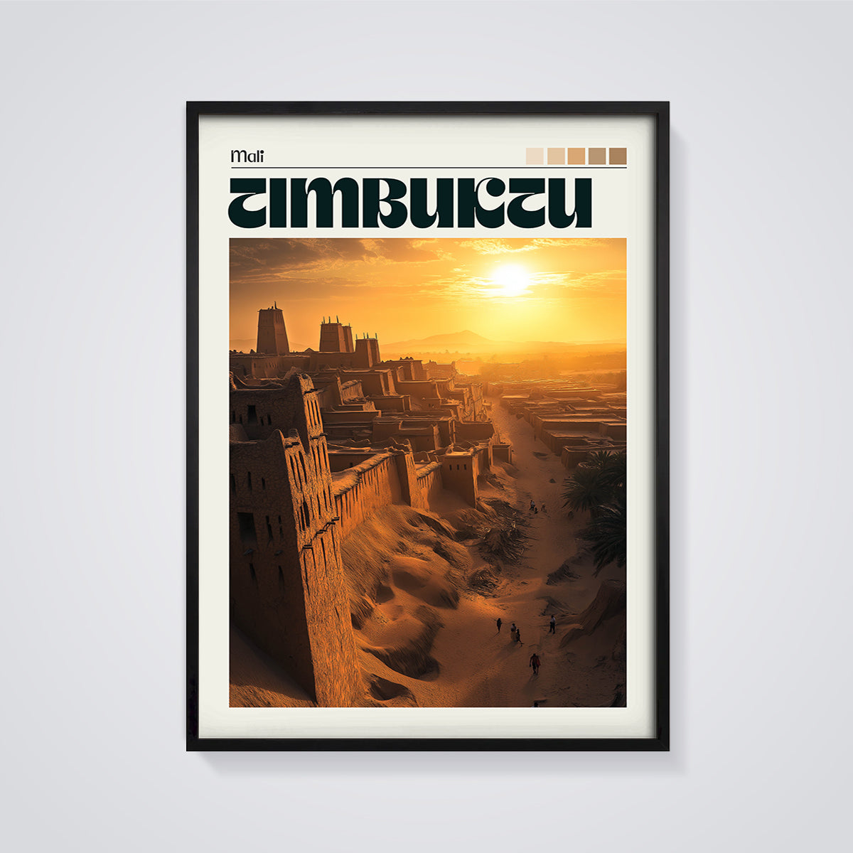Timbuktu Sunset City Print framed in black on a grey background