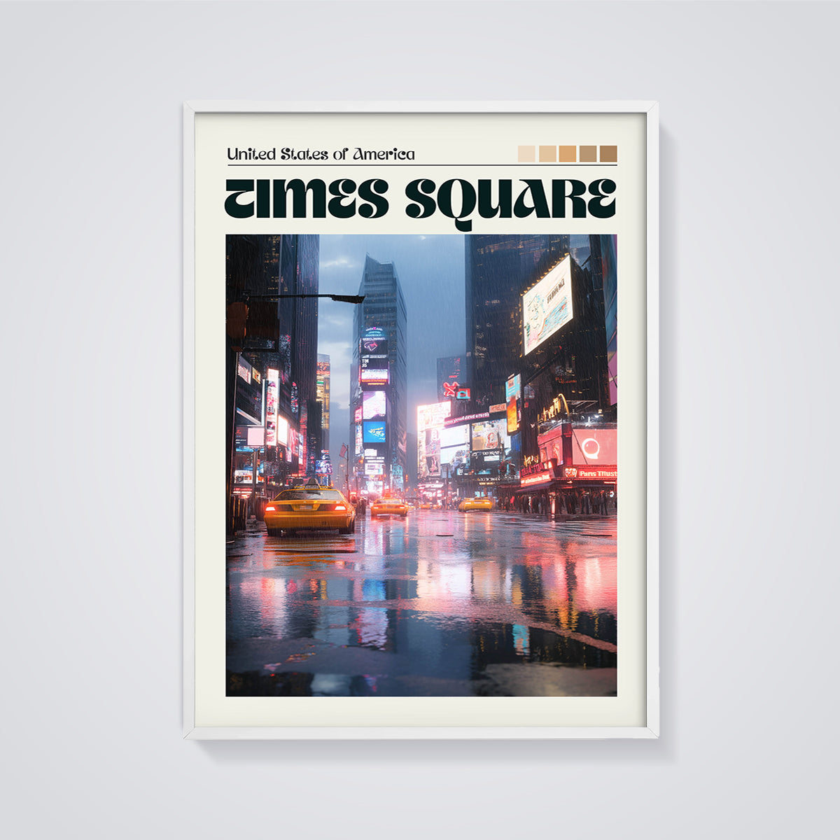 Times Square Rainy Night Print framed in white on a grey background