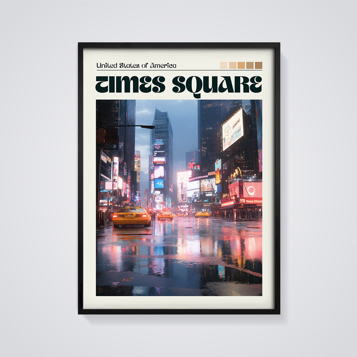 Times Square Rainy Night Print framed in black on a grey background