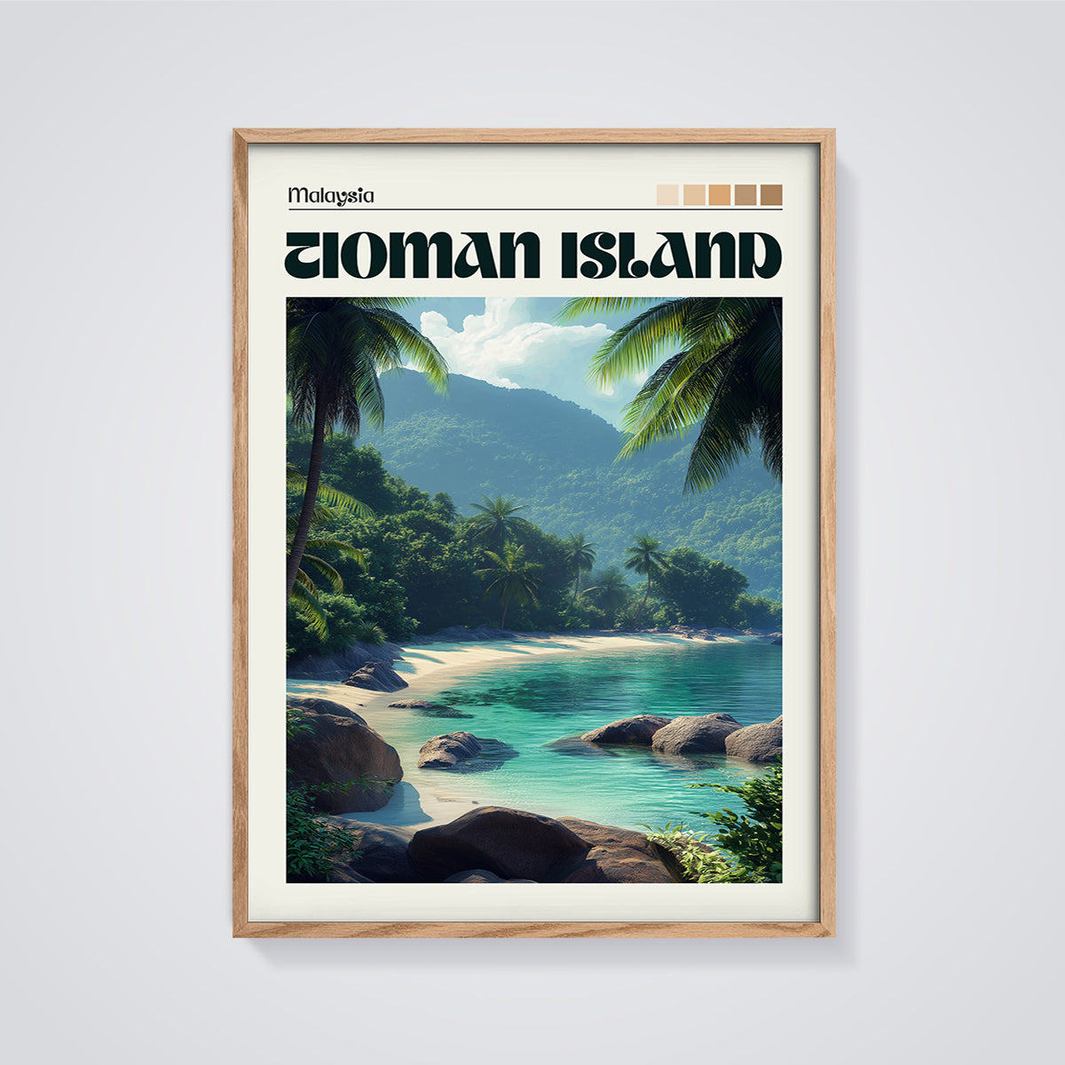 Tioman Island Malaysia Beach Print framed in oak on a grey background