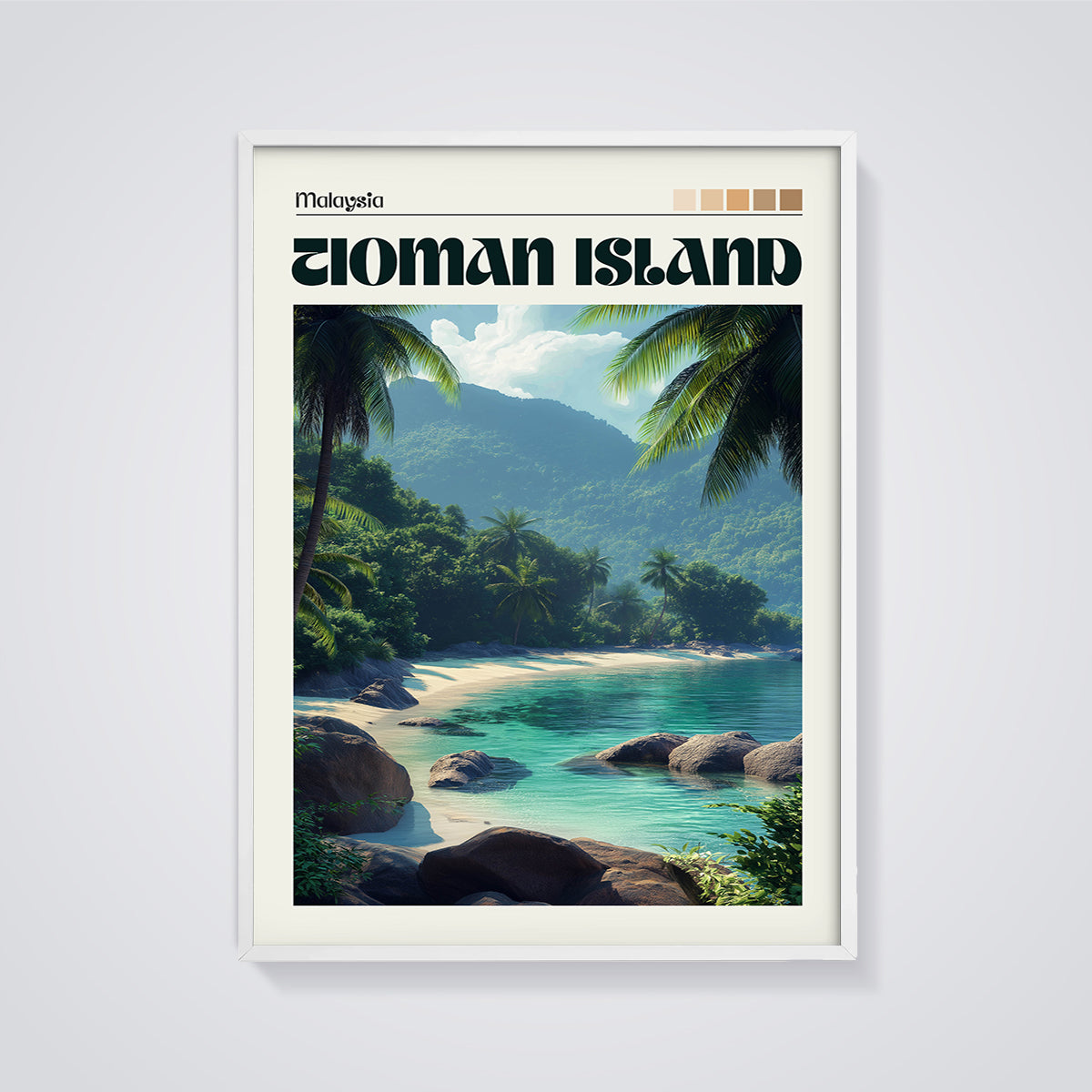 Tioman Island Malaysia Beach Print framed in white on a grey background