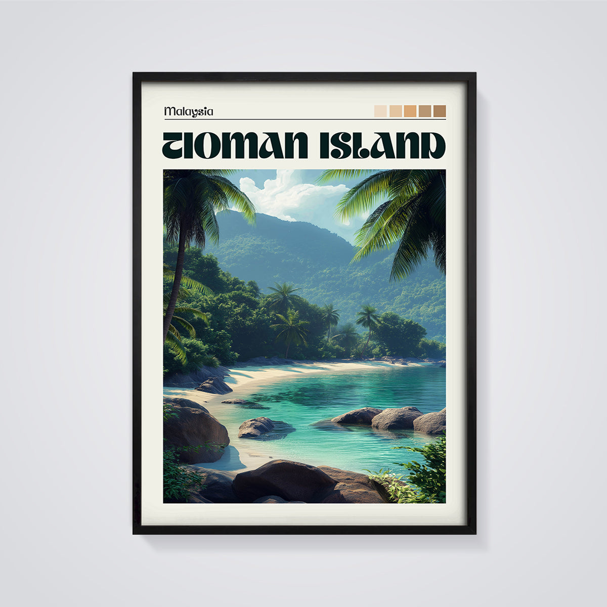 Tioman Island Malaysia Beach Print framed in black on a grey background