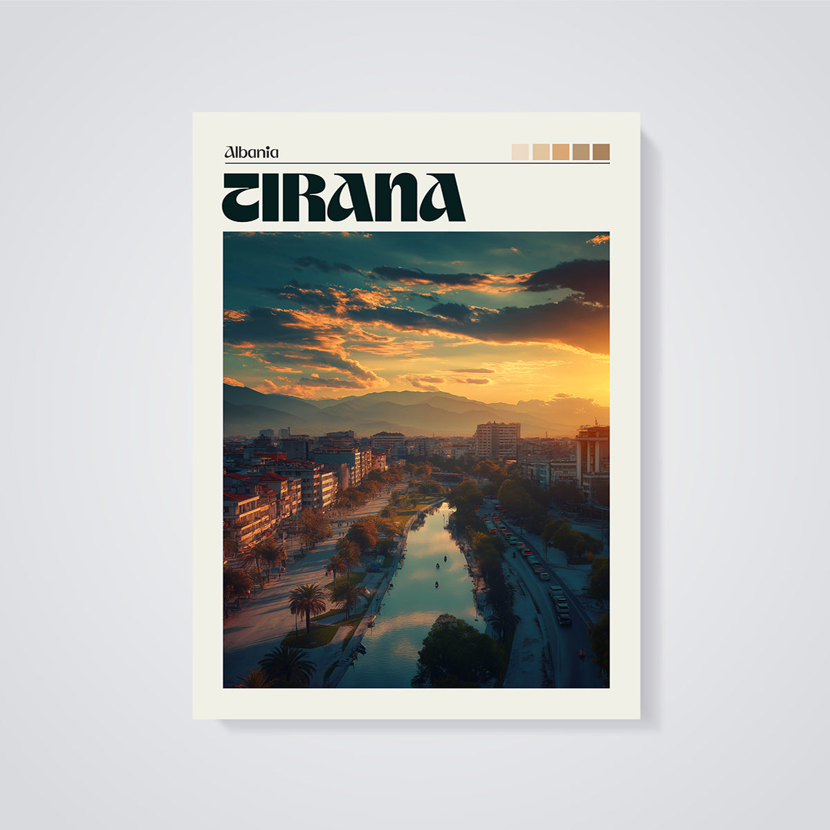 Tirana Albania Sunset River Print unframed on a grey background