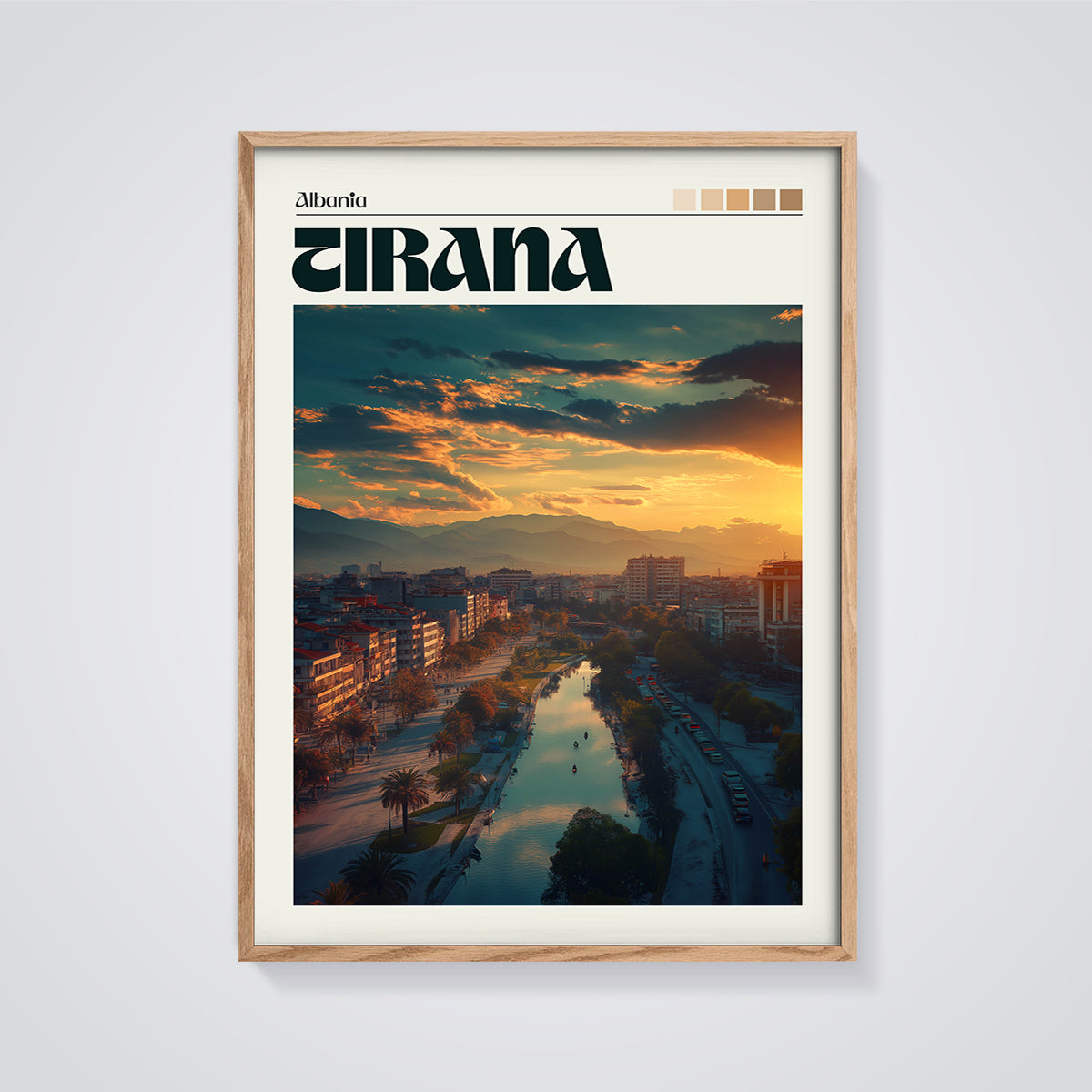 Tirana Albania Sunset River Print framed in oak on a grey background