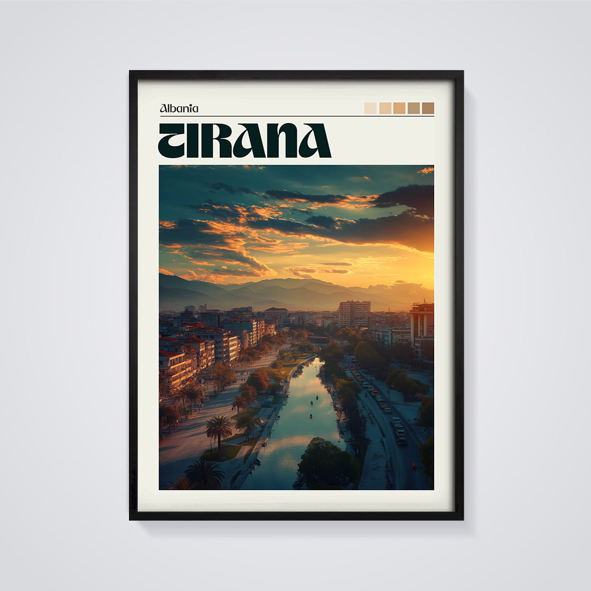 Tirana Albania Sunset River Print framed in black on a grey background