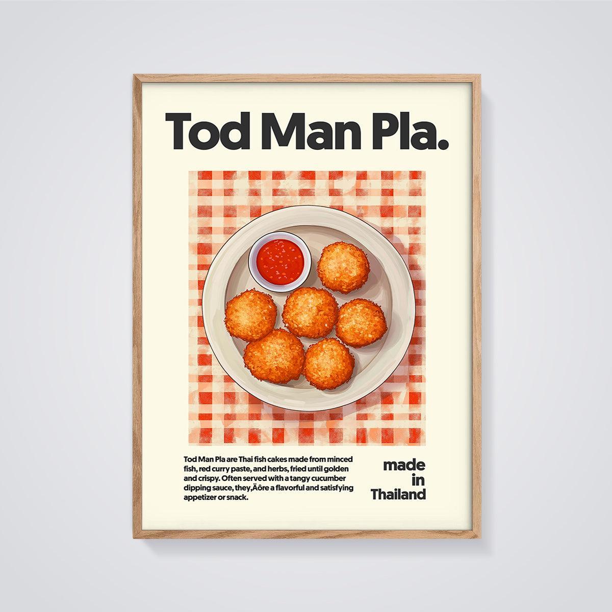 Tod Man Pla Thai Fish Cakes Art Print framed in oak on a grey background