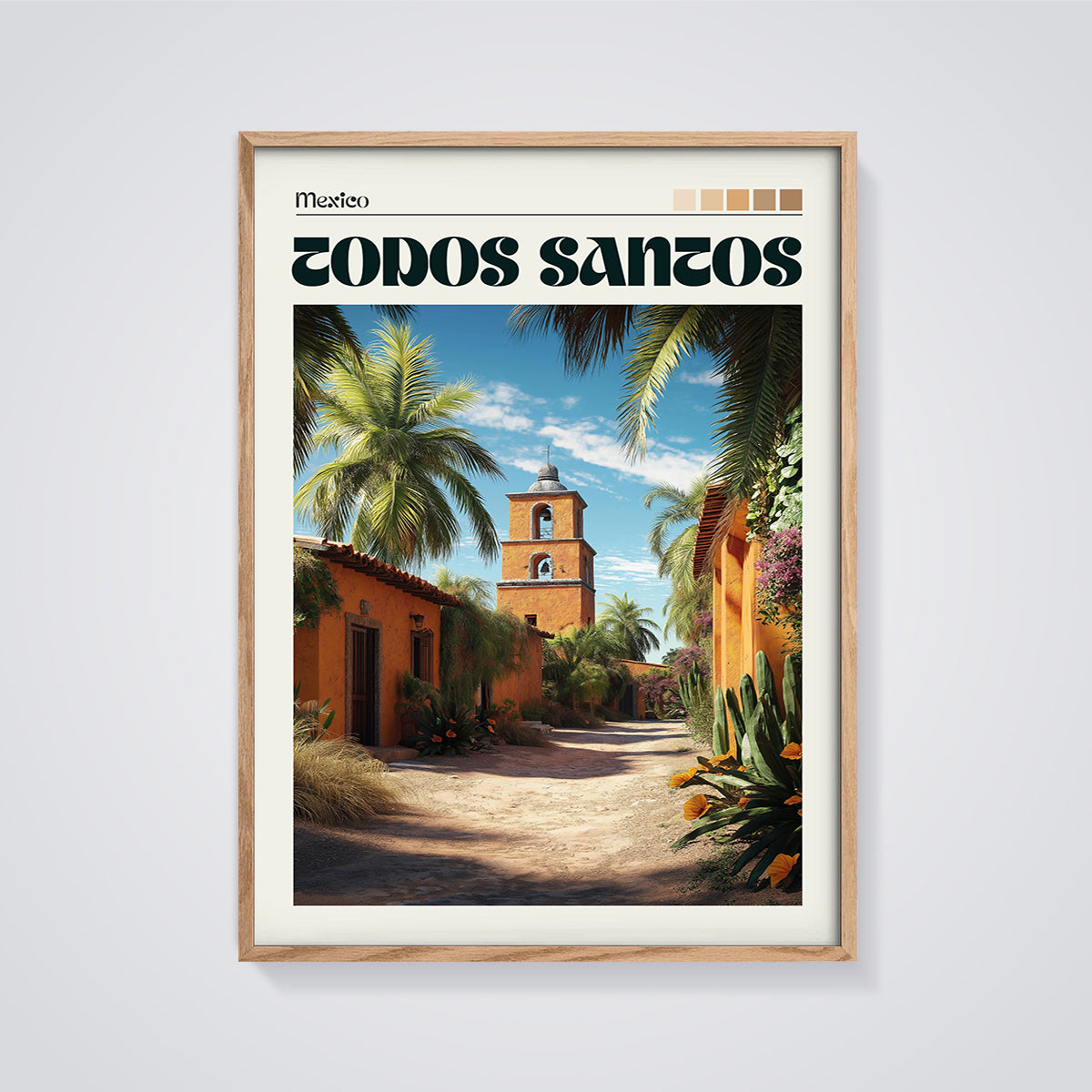 Todos Santos Mexico Village Print framed in oak on a grey background