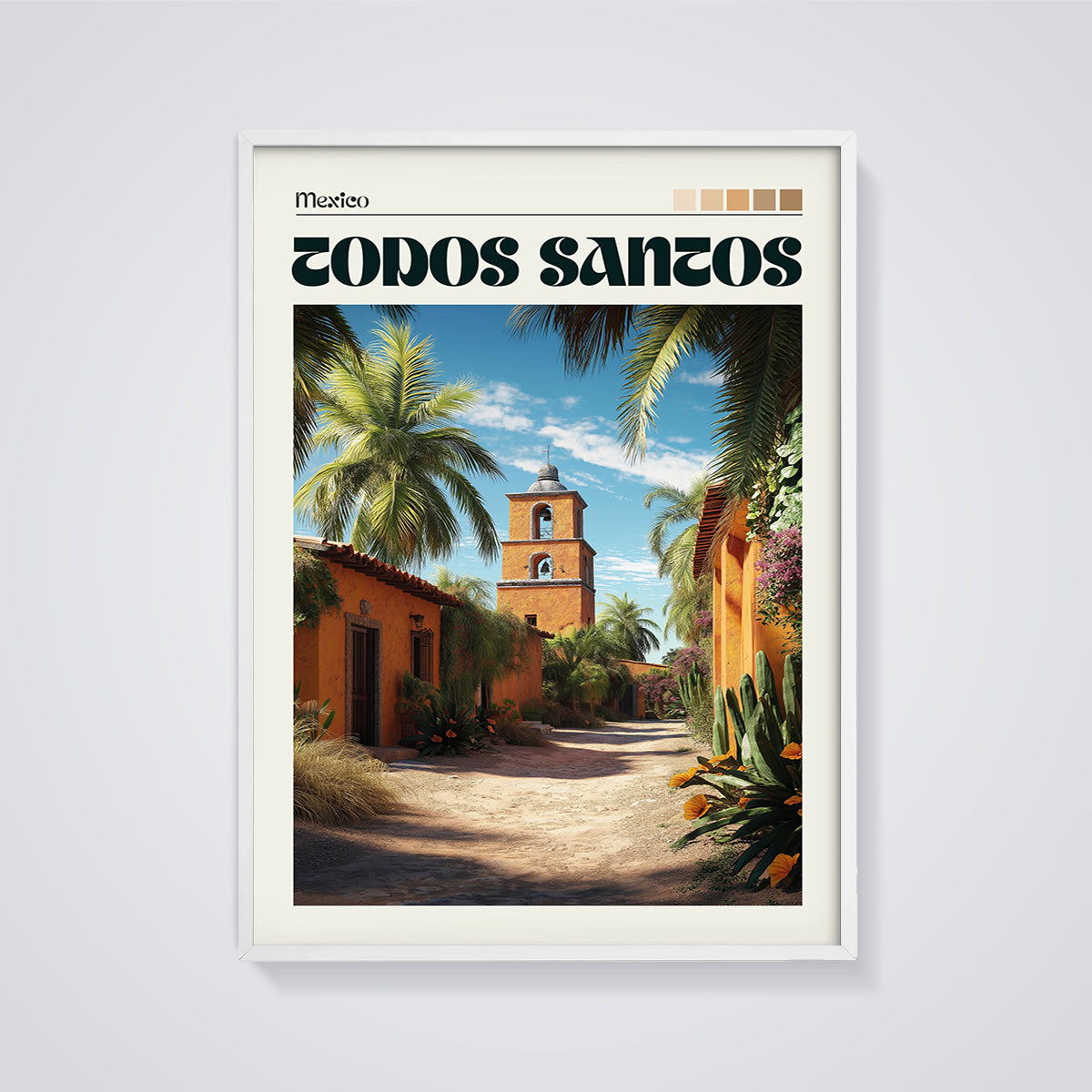 Todos Santos Mexico Village Print framed in white on a grey background