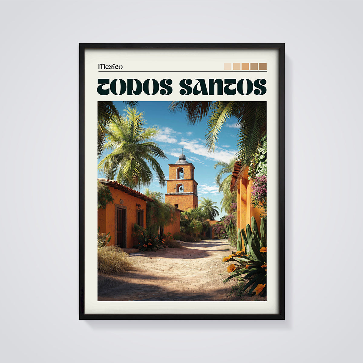 Todos Santos Mexico Village Print framed in black on a grey background