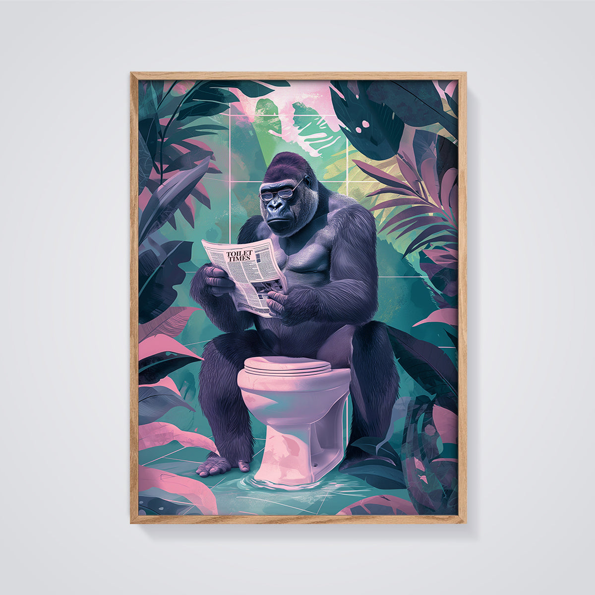 Toilet Times Gorilla Print framed in oak on a grey background