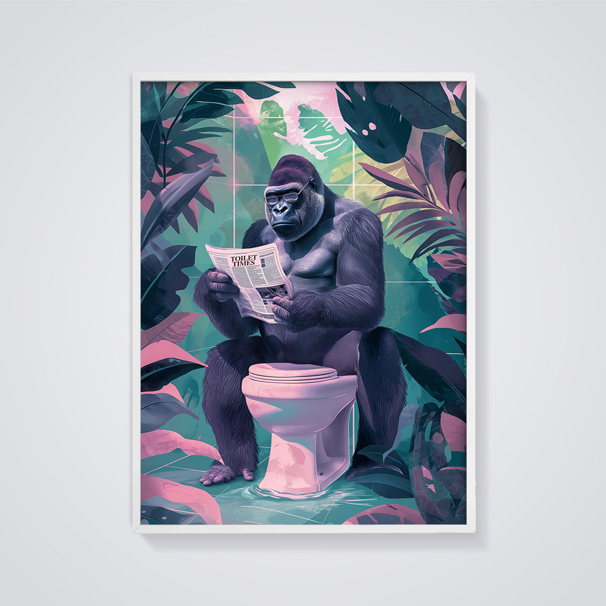 Toilet Times Gorilla Print framed in white on a grey background
