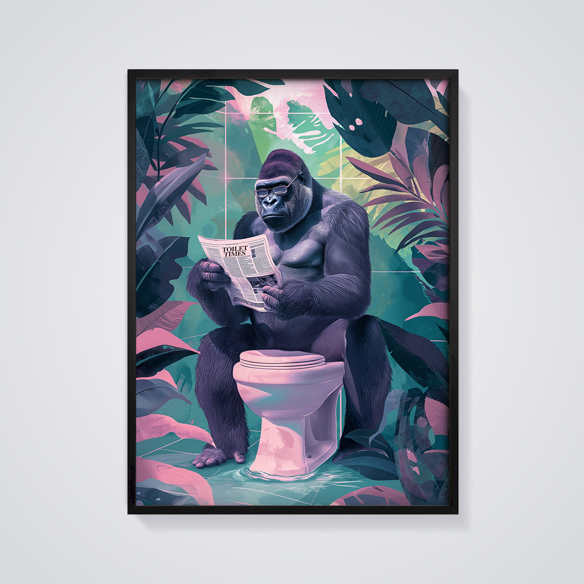 Toilet Times Gorilla Print framed in black on a grey background