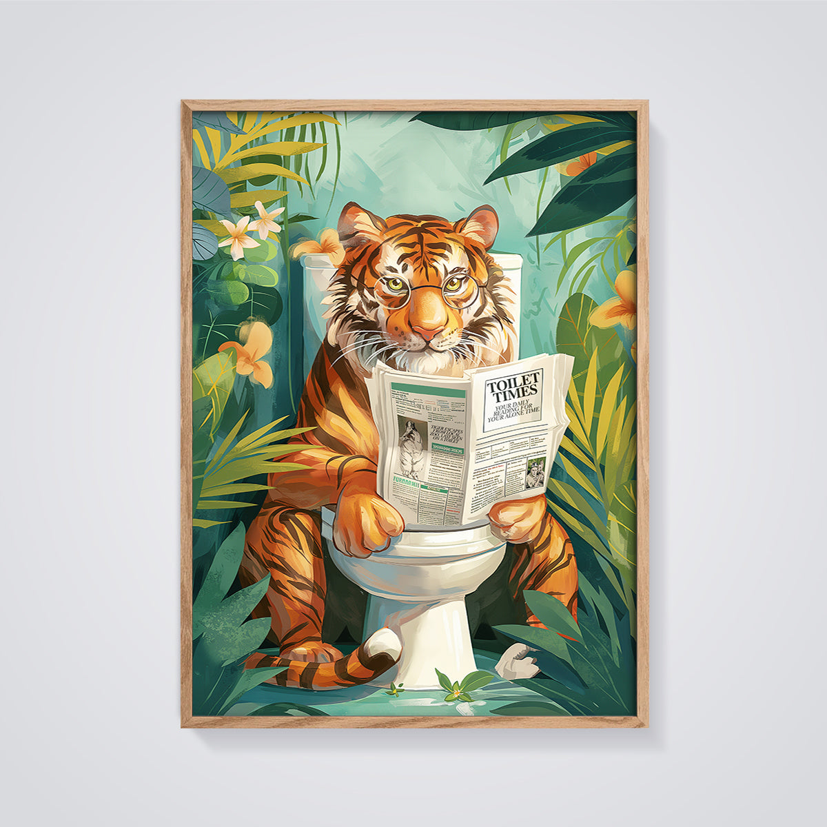 Toilet Times Tiger Print framed in oak on a grey background