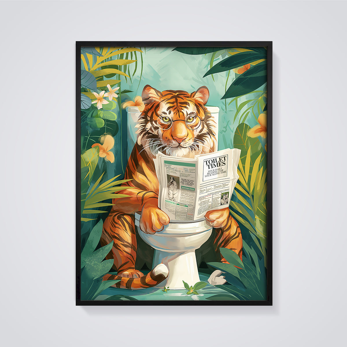 Toilet Times Tiger Print framed in black on a grey background
