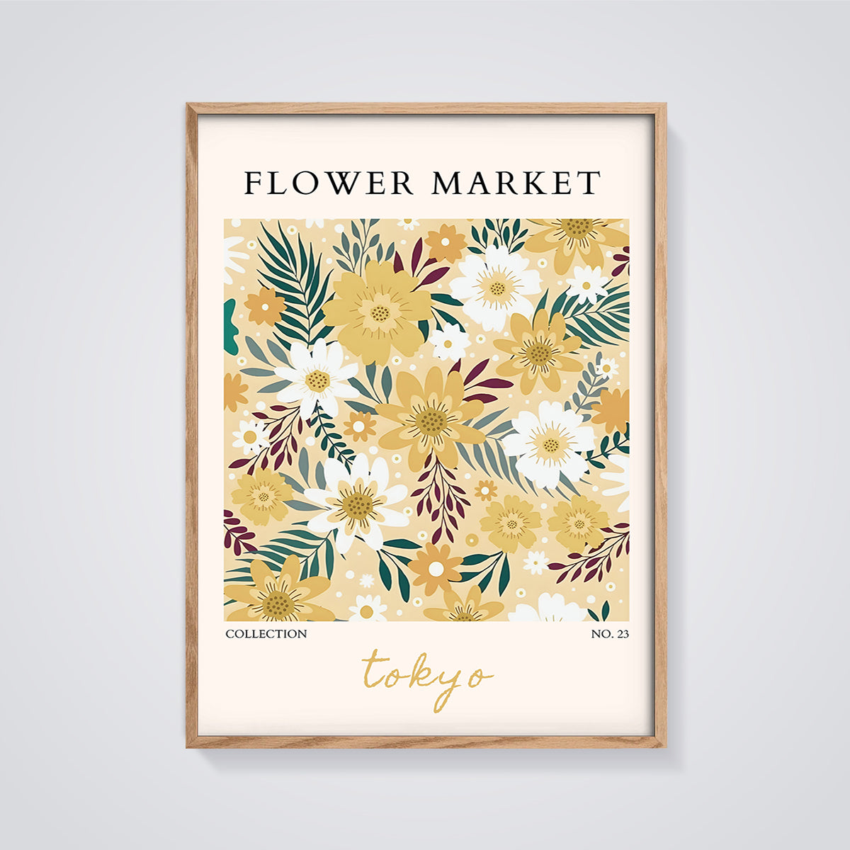 Tokyo Flower Market Floral Print framed in oak on a grey background