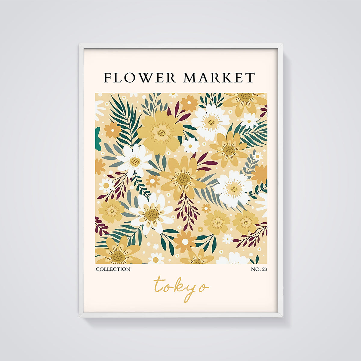Tokyo Flower Market Floral Print framed in white on a grey background