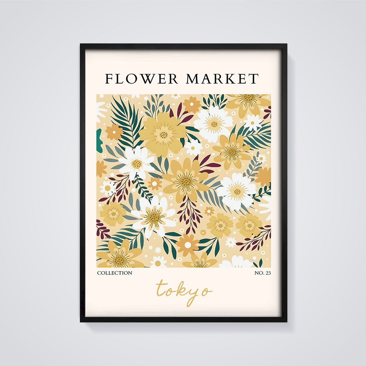 Tokyo Flower Market Floral Print framed in black on a grey background