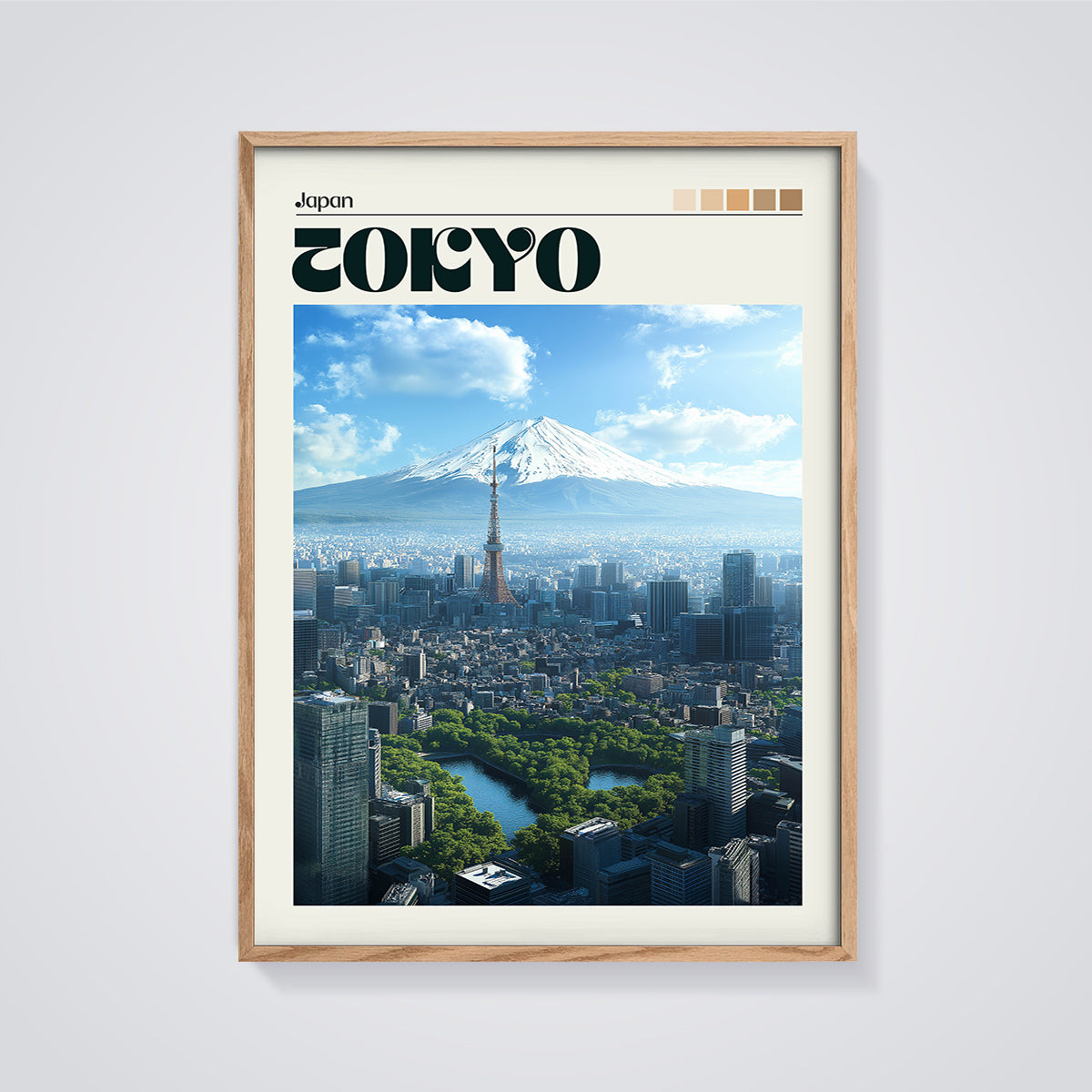 Tokyo Mount Fuji Skyline Print framed in oak on a grey background
