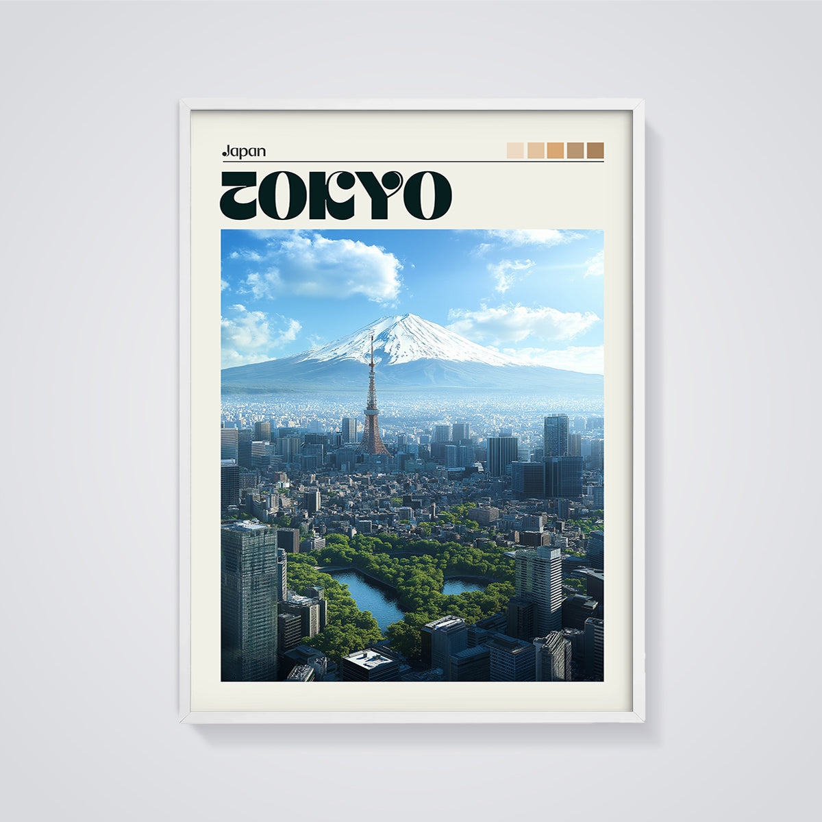 Tokyo Mount Fuji Skyline Print framed in white on a grey background