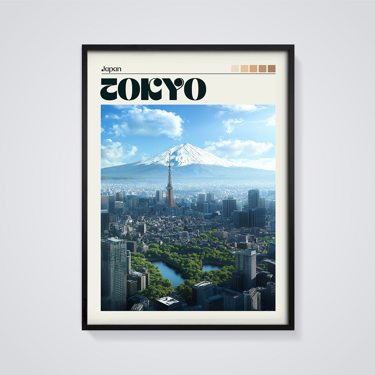 Tokyo Mount Fuji Skyline Print framed in black on a grey background