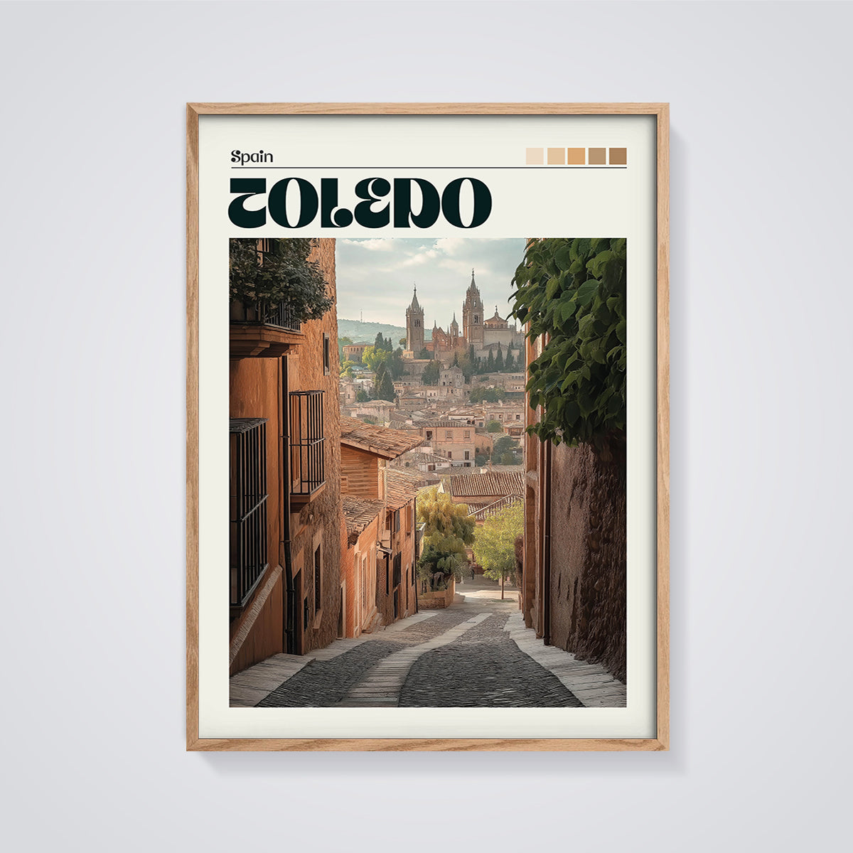 Toledo Street View Print framed in oak on a grey background