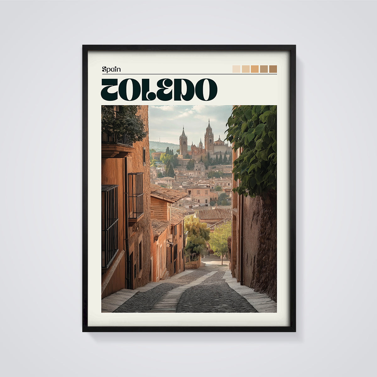 Toledo Street View Print framed in black on a grey background