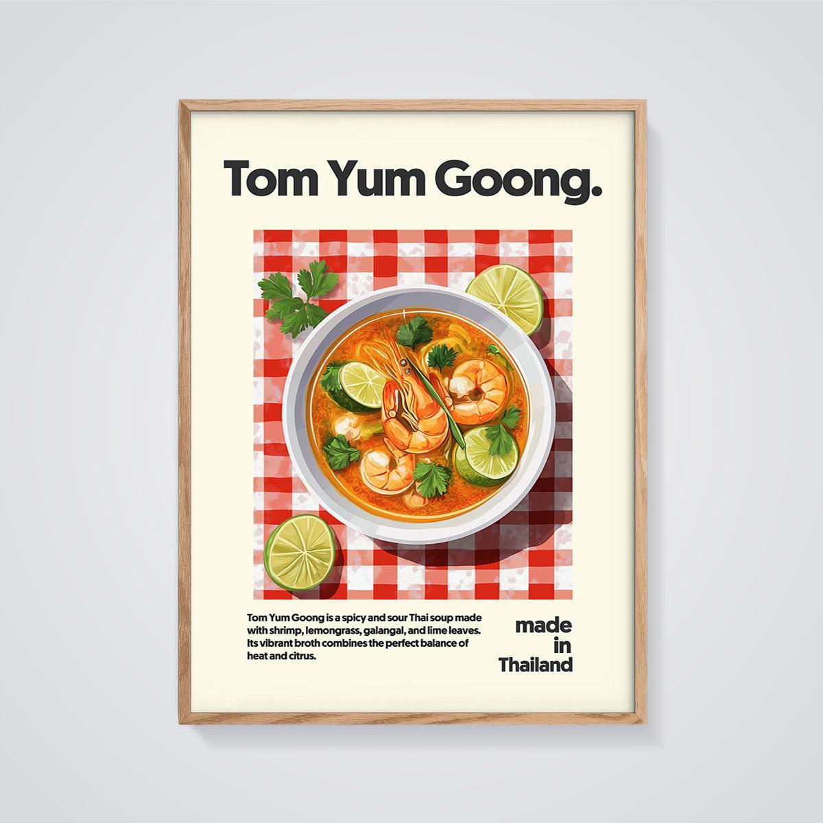 Tom Yum Goong Soup Print framed in oak on a grey background