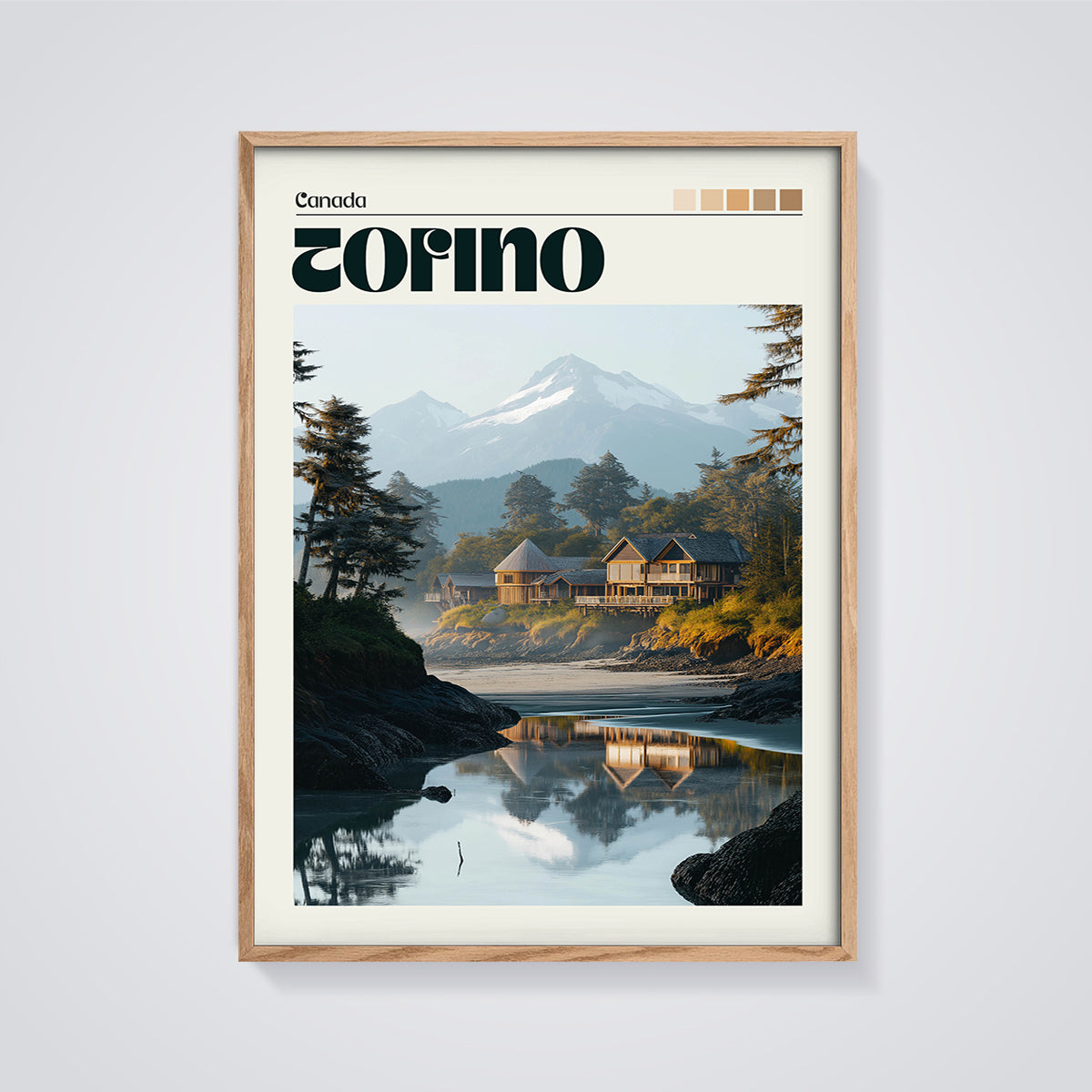 Torino Canada Coastal Lodge Print framed in oak on a grey background