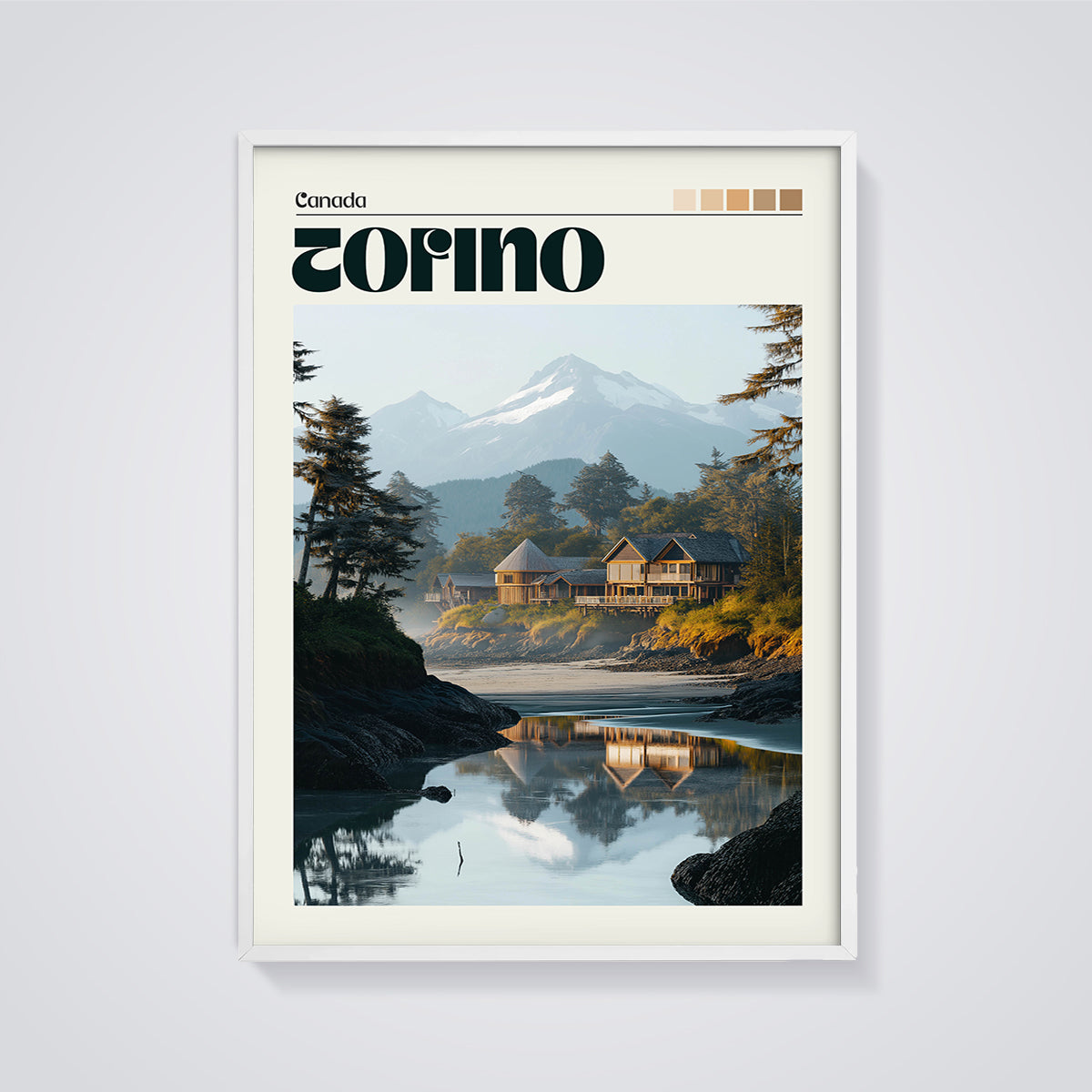 Torino Canada Coastal Lodge Print framed in white on a grey background
