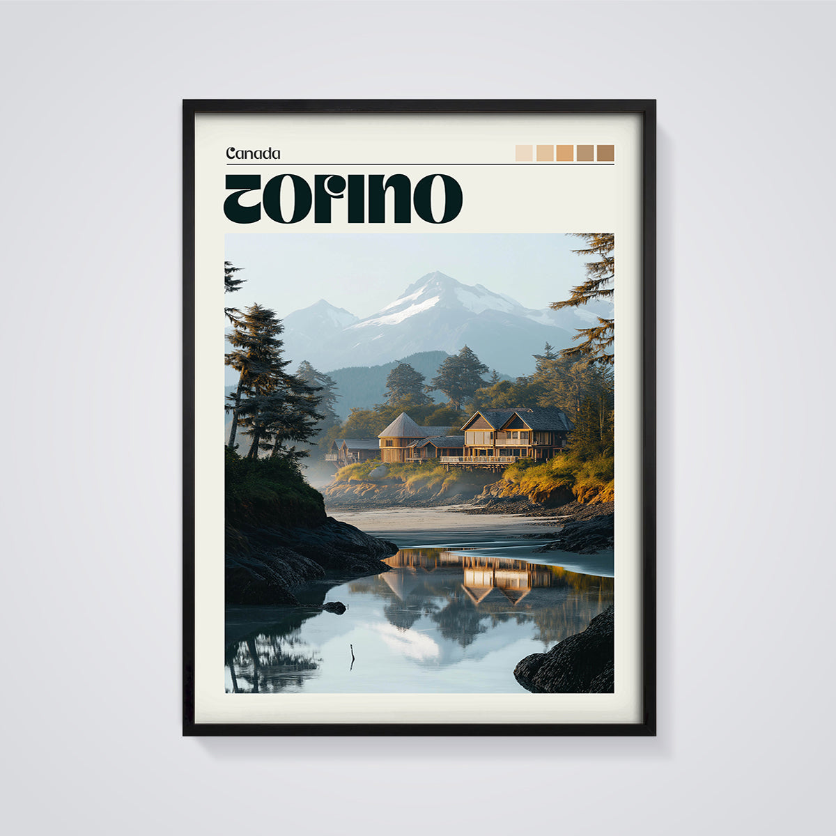 Torino Canada Coastal Lodge Print framed in black on a grey background