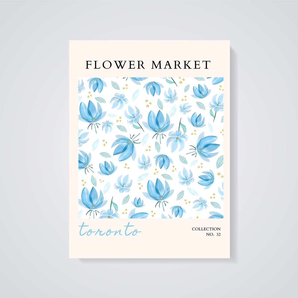 Toronto Flower Market Blue Floral Print unframed on a grey background