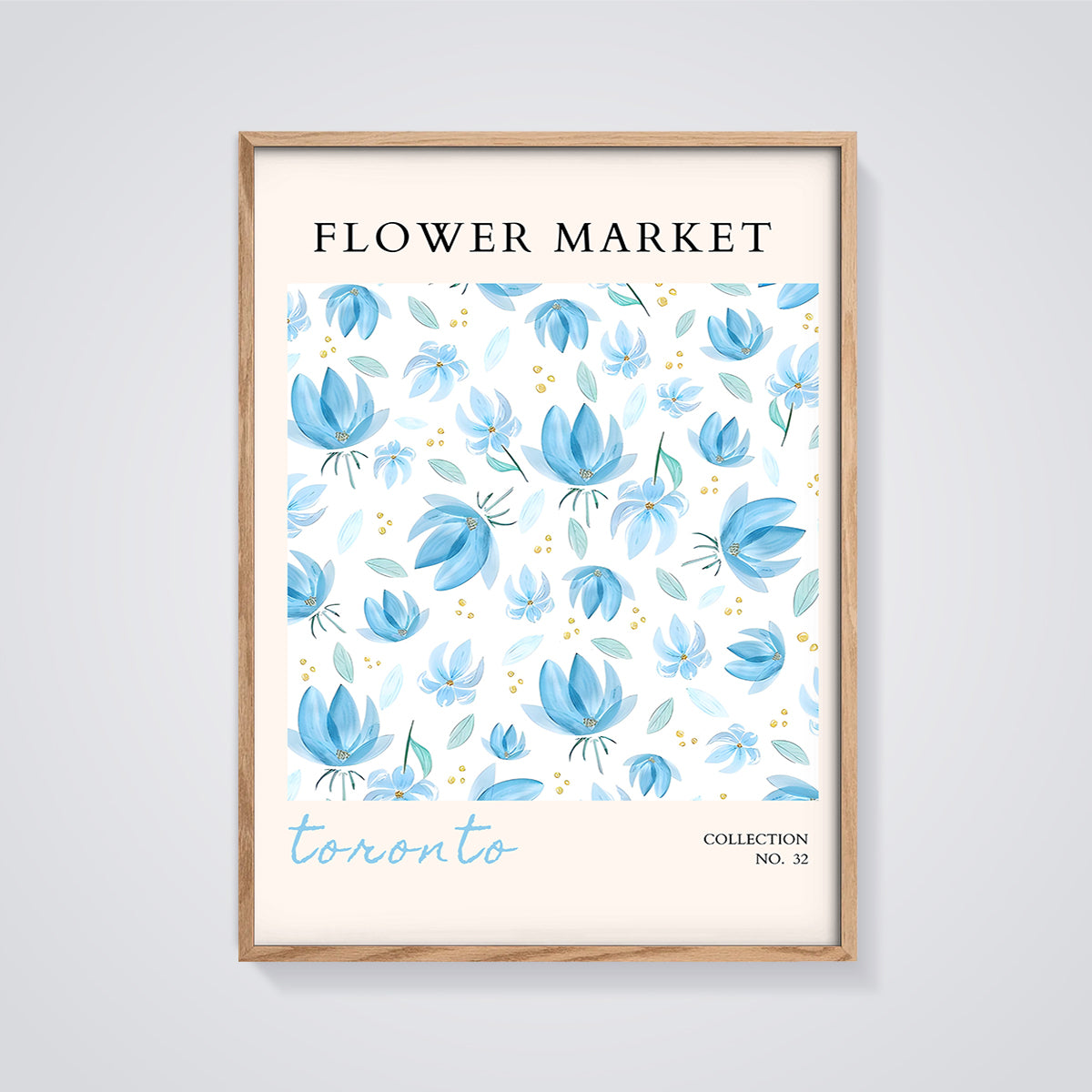 Toronto Flower Market Blue Floral Print framed in oak on a grey background