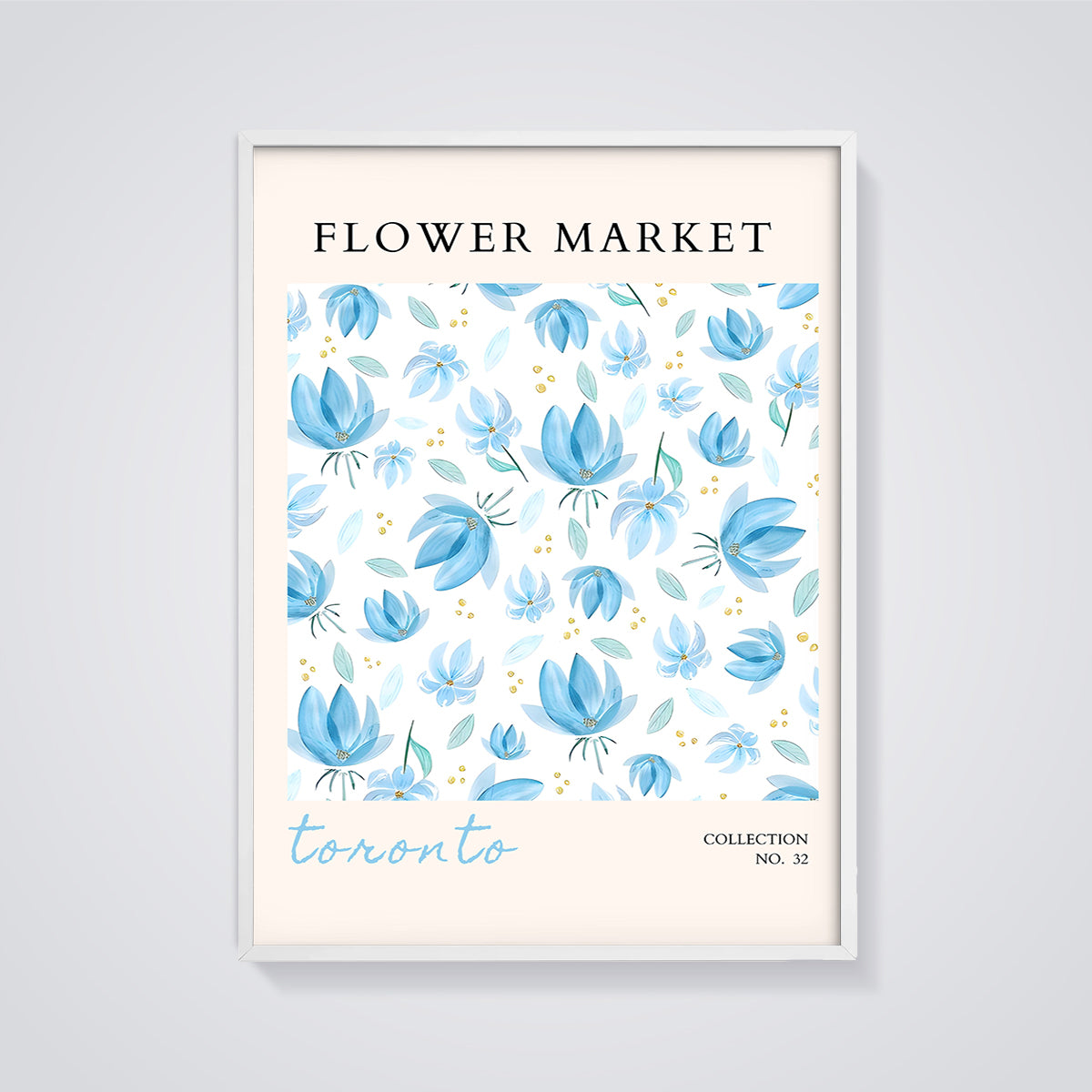 Toronto Flower Market Blue Floral Print framed in white on a grey background