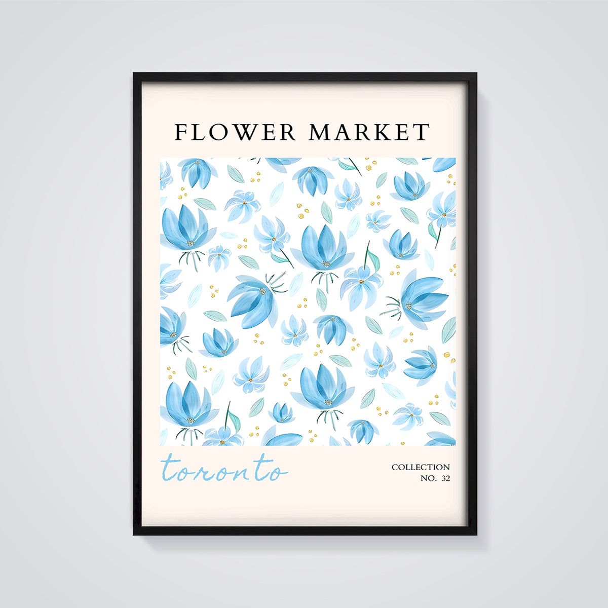 Toronto Flower Market Blue Floral Print framed in black on a grey background