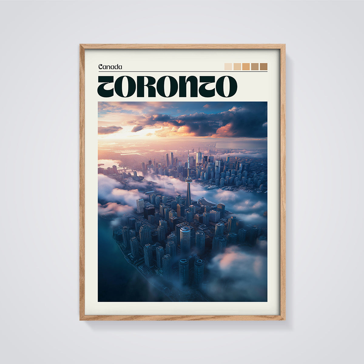 Toronto Sunset Cityscape Print framed in oak on a grey background