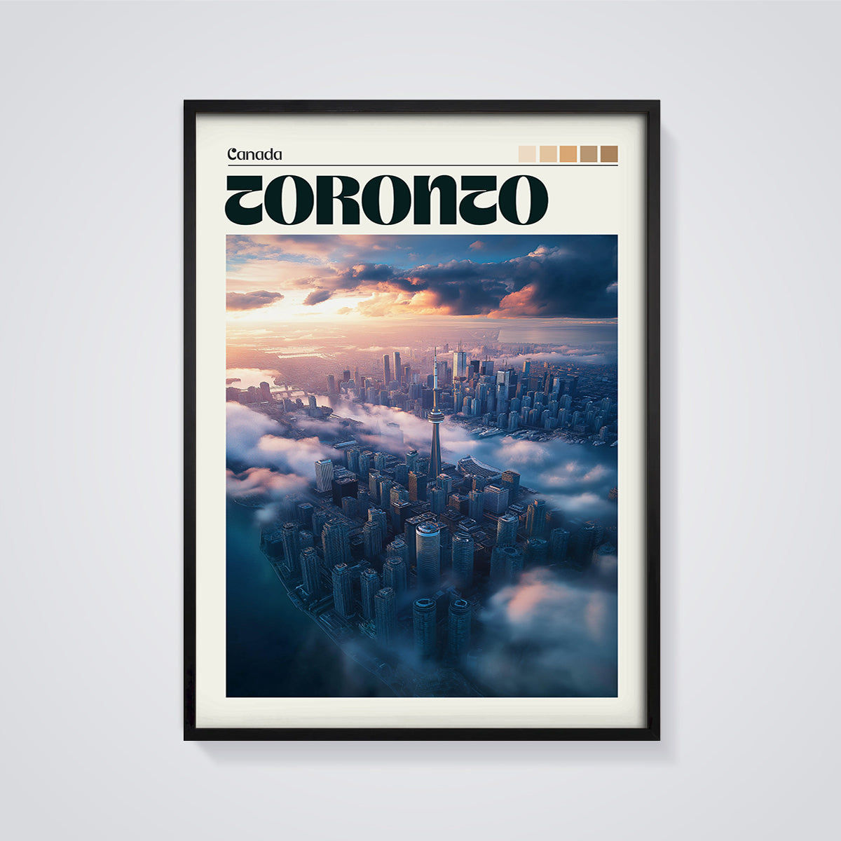 Toronto Sunset Cityscape Print framed in black on a grey background