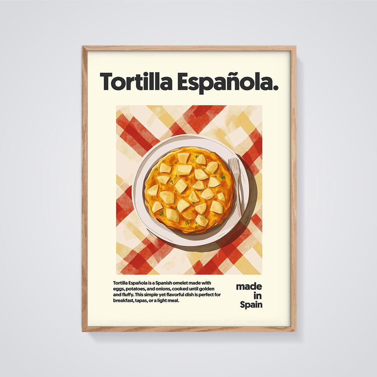 Tortilla Española Dish Print framed in oak on a grey background