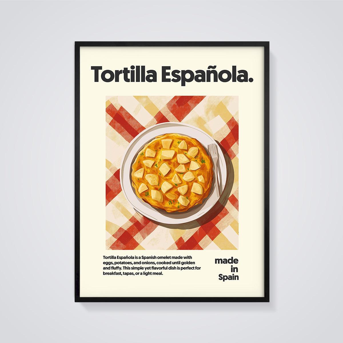 Tortilla Española Dish Print framed in black on a grey background