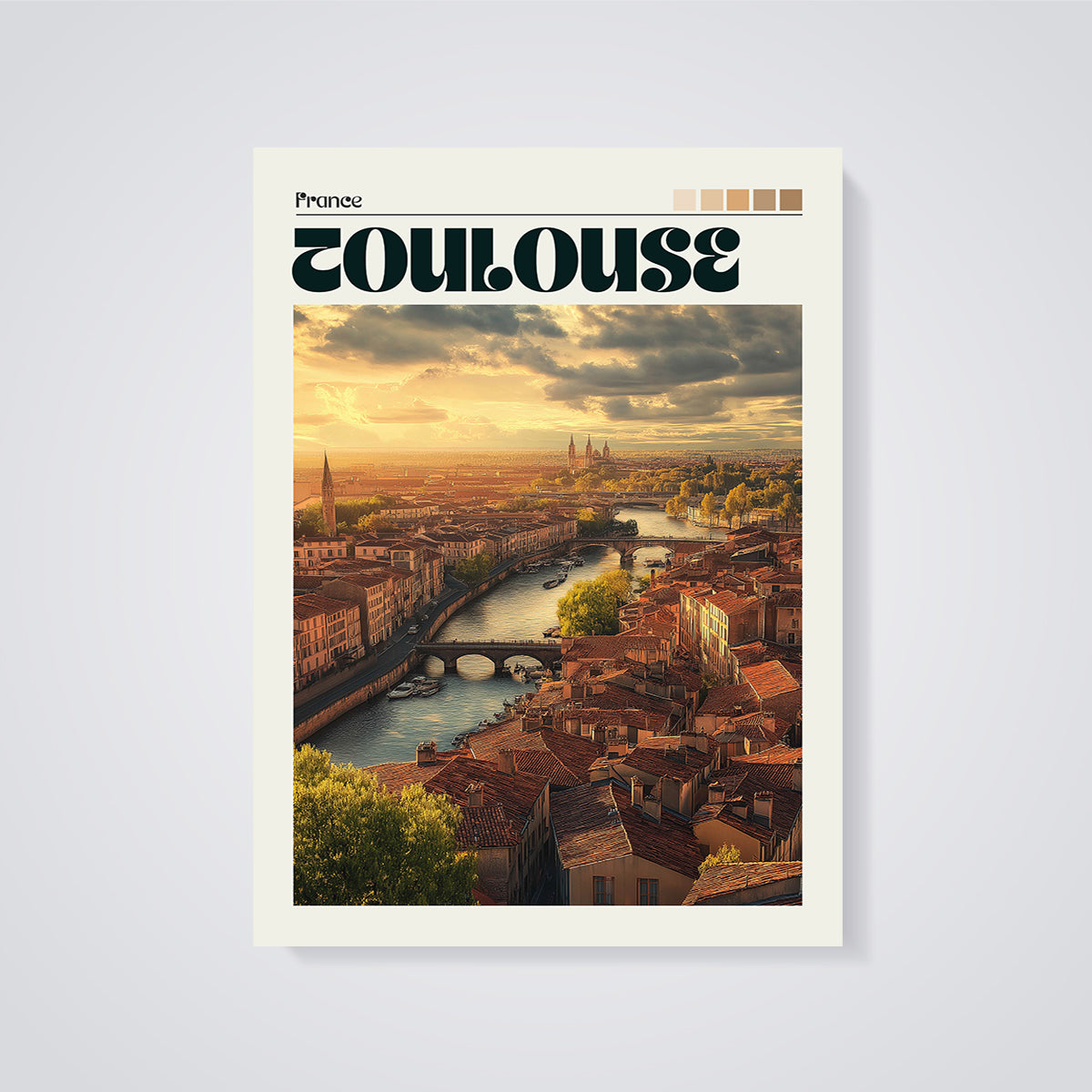 Toulouse Sunset Cityscape Print unframed on a grey background