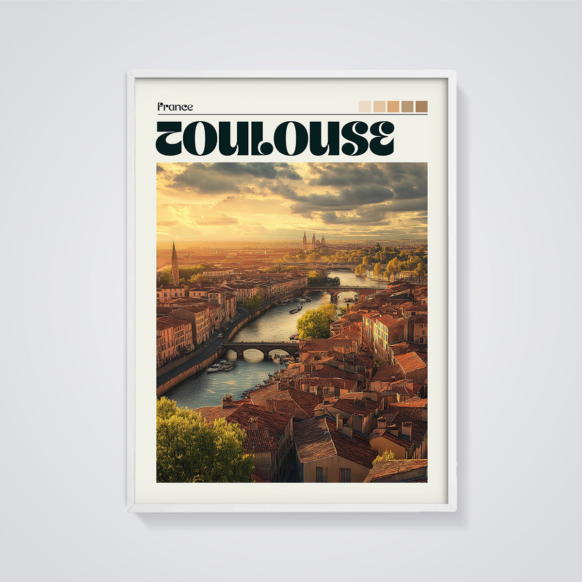 Toulouse Sunset Cityscape Print framed in white on a grey background