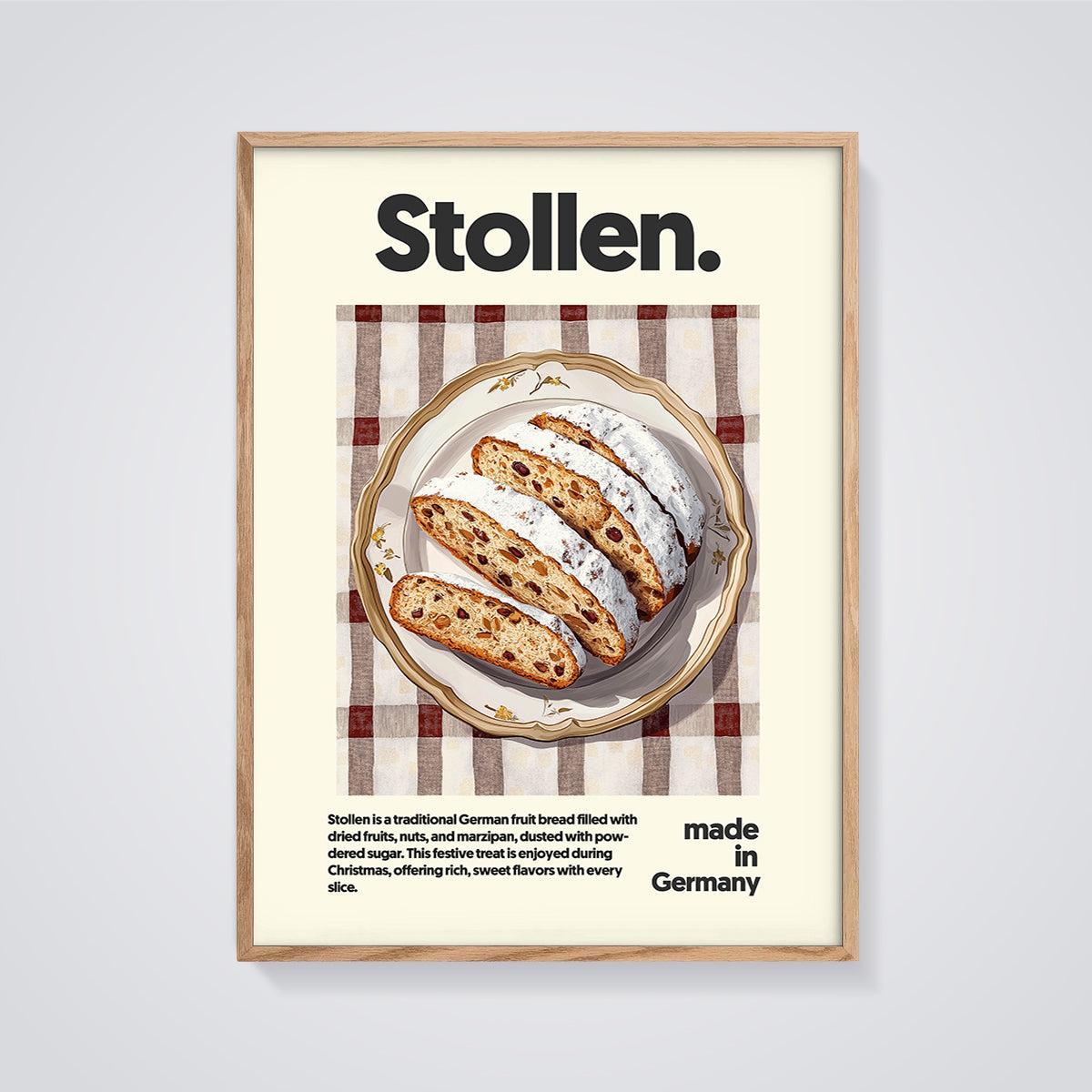 Traditional German Stollen Print framed in oak on a grey background