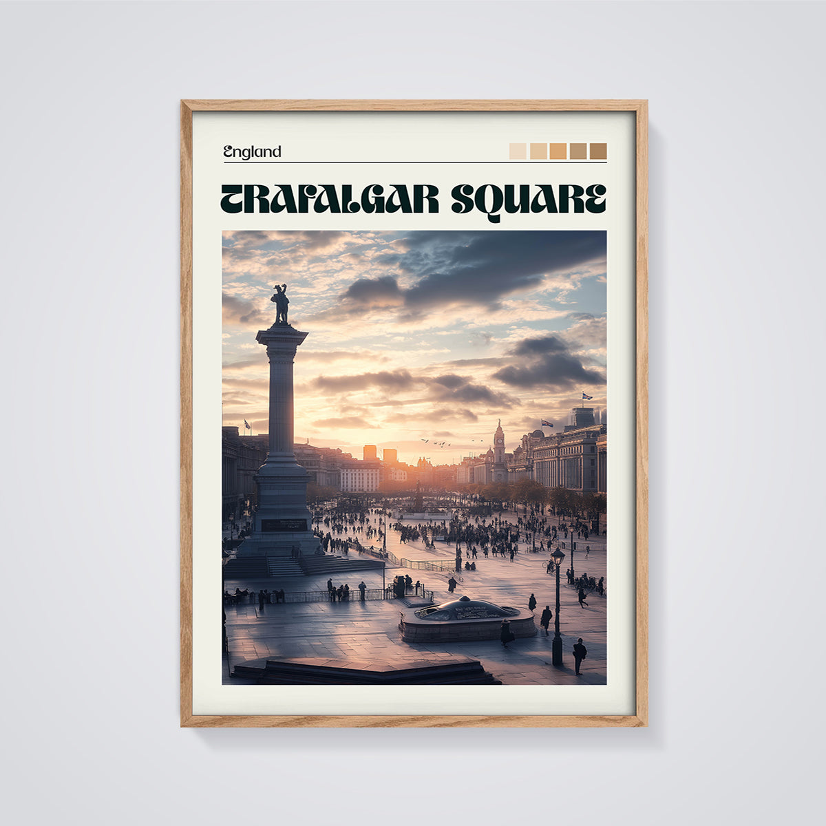 Trafalgar Square Sunset Print framed in oak on a grey background